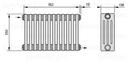 Схема (чертеж) Радиатор Zehnder Charleston 4055/12 №1670 Белый глянцевый RAL 9016